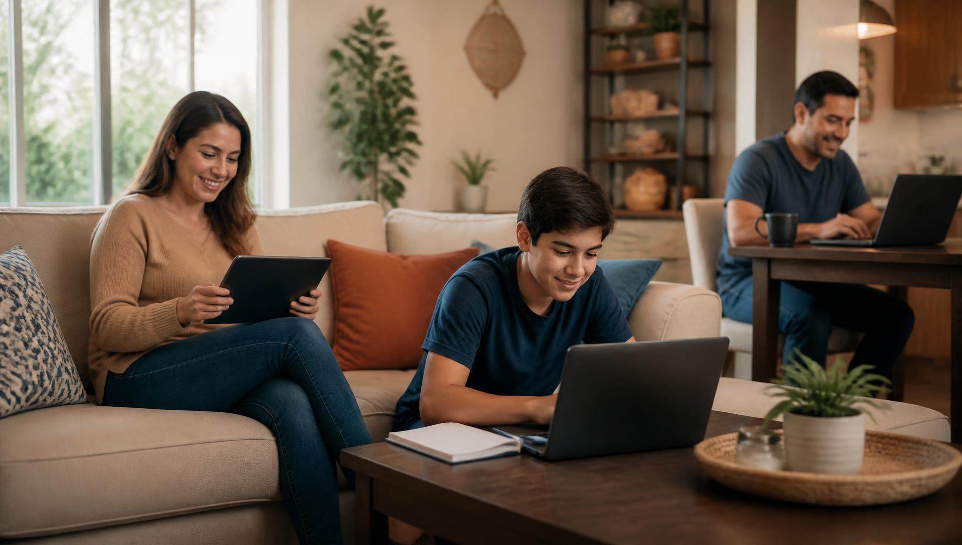 Familia en casa usando tabletas y laptops conectados a Internet