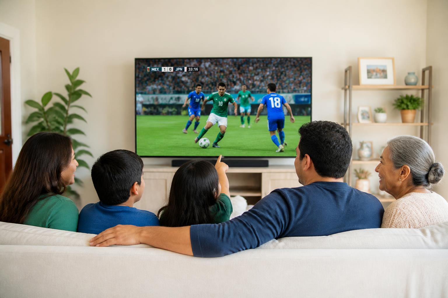 Familia celebrando un partido de fútbol en la televisión de su sala